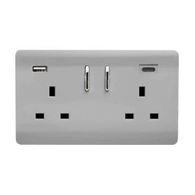 ART-SKT213USB31ACBS  2 Gang 13Amp Short S/W Double Socket With 1 x Type A & 1 x Type C 3.1mAh USB Brushed Steel